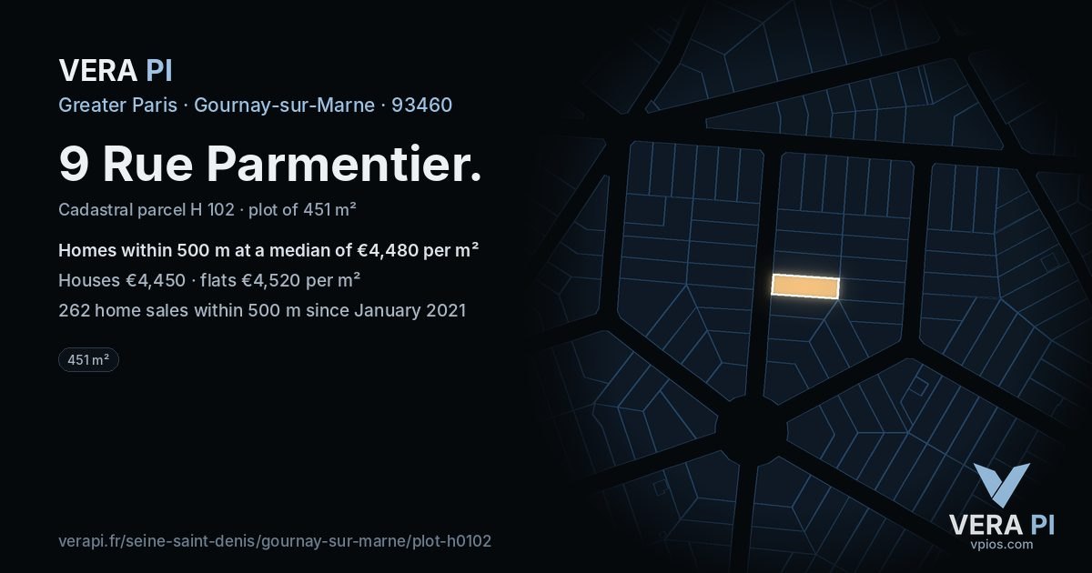 9 Rue Parmentier, Gournay-sur-Marne at night – the plot lit, the parcels around coloured by the prices near them
