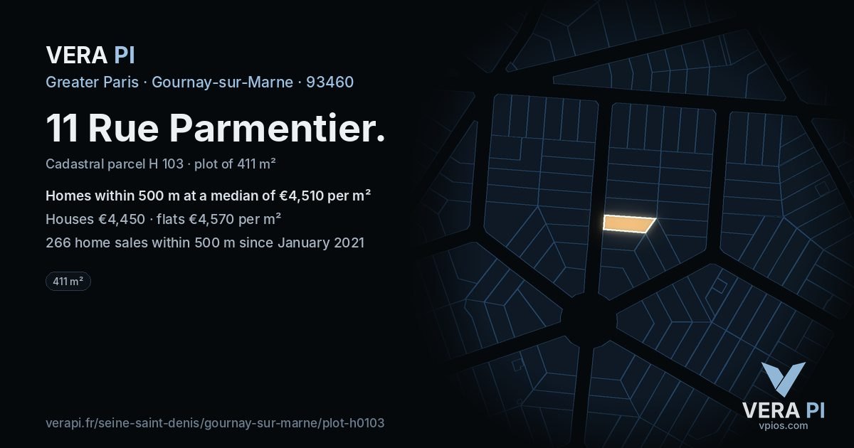 11 Rue Parmentier, Gournay-sur-Marne at night – the plot lit, the parcels around coloured by the prices near them