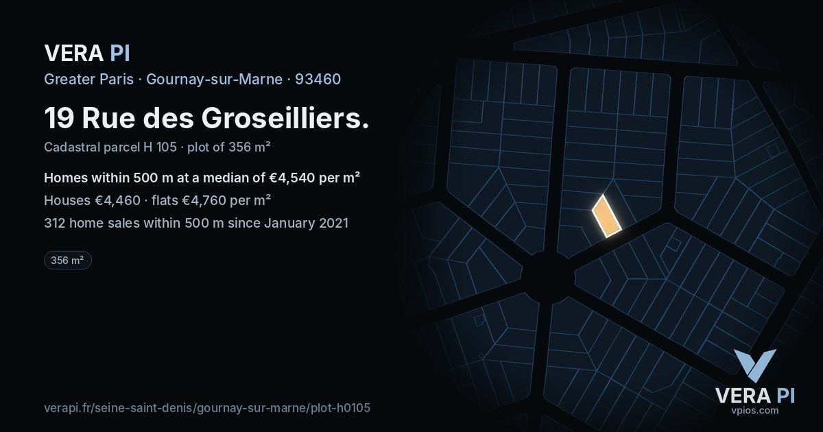 19 Rue des Groseilliers, Gournay-sur-Marne at night – the plot lit, the parcels around coloured by the prices near them