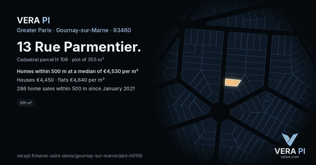 13 Rue Parmentier, Gournay-sur-Marne at night – the plot lit, the parcels around coloured by the prices near them