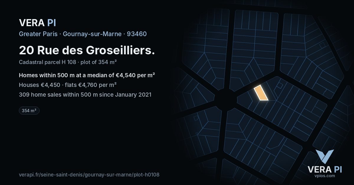20 Rue des Groseilliers, Gournay-sur-Marne at night – the plot lit, the parcels around coloured by the prices near them