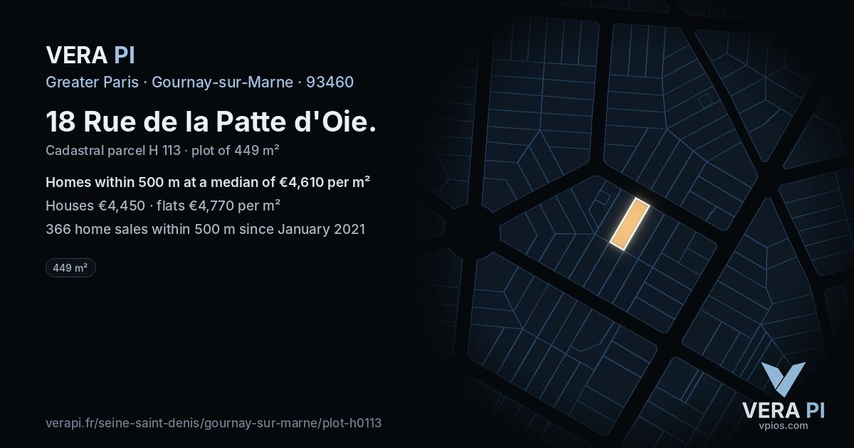 18 Rue de la Patte d'Oie, Gournay-sur-Marne at night – the plot lit, the parcels around coloured by the prices near them