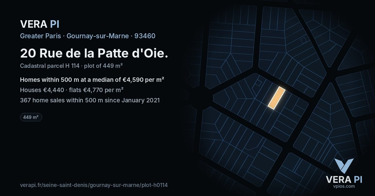 20 Rue de la Patte d'Oie, Gournay-sur-Marne at night – the plot lit, the parcels around coloured by the prices near them