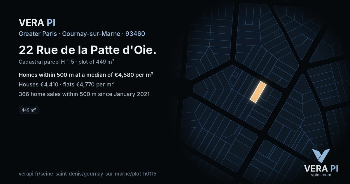 22 Rue de la Patte d'Oie, Gournay-sur-Marne at night – the plot lit, the parcels around coloured by the prices near them