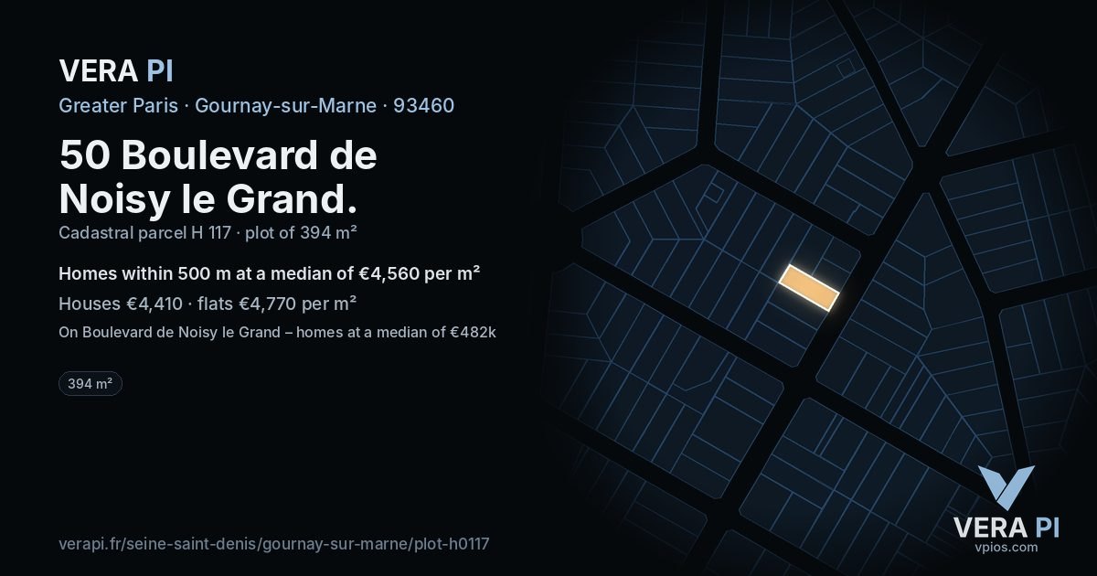 50 Boulevard de Noisy le Grand, Gournay-sur-Marne at night – the plot lit, the parcels around coloured by the prices near them