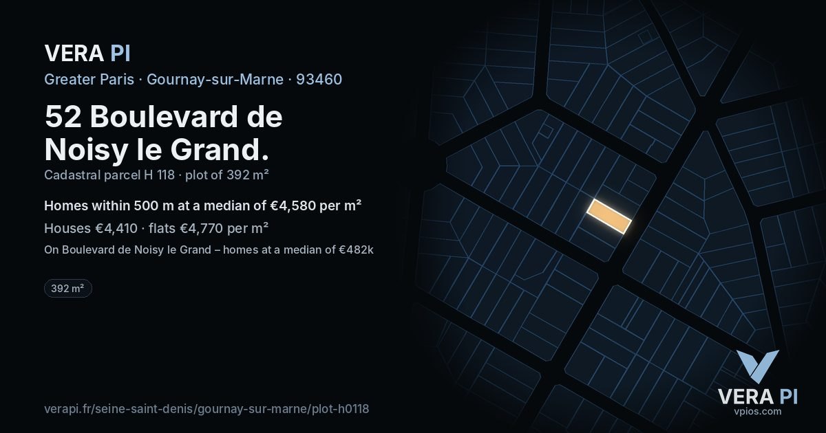 52 Boulevard de Noisy le Grand, Gournay-sur-Marne at night – the plot lit, the parcels around coloured by the prices near them