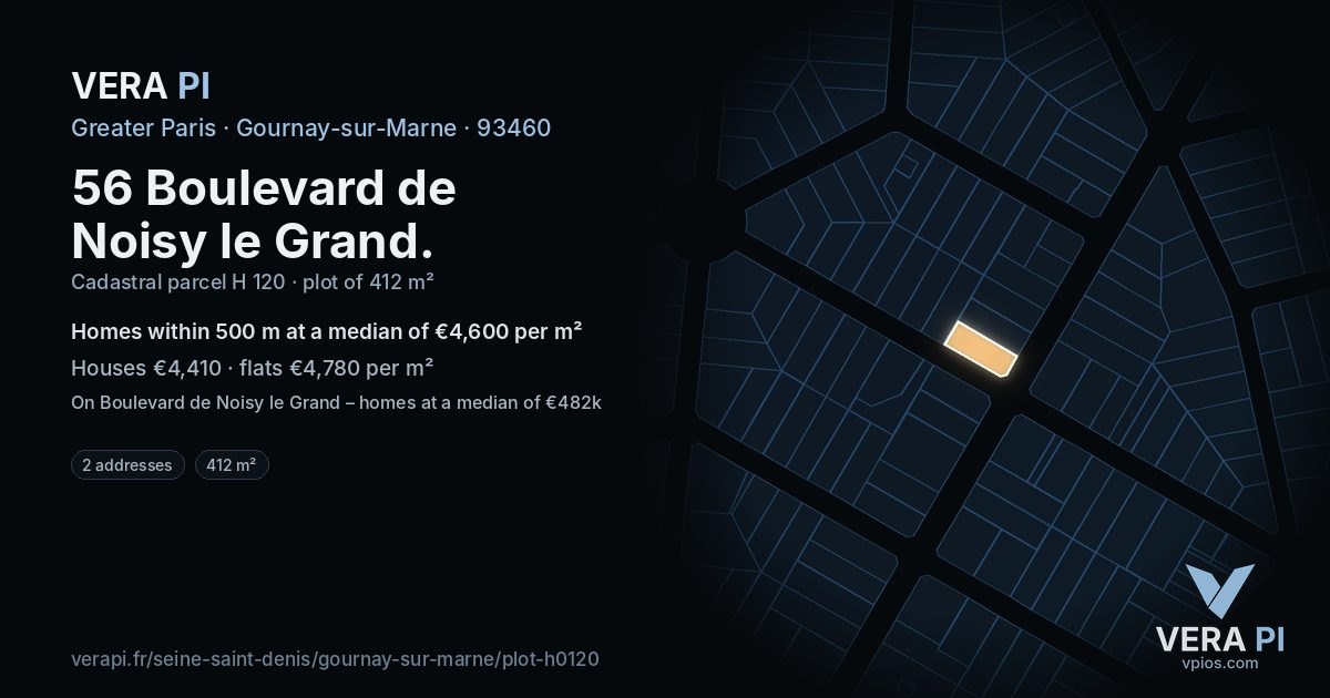 56 Boulevard de Noisy le Grand, Gournay-sur-Marne at night – the plot lit, the parcels around coloured by the prices near them