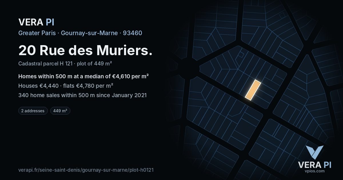 20 Rue des Muriers, Gournay-sur-Marne at night – the plot lit, the parcels around coloured by the prices near them