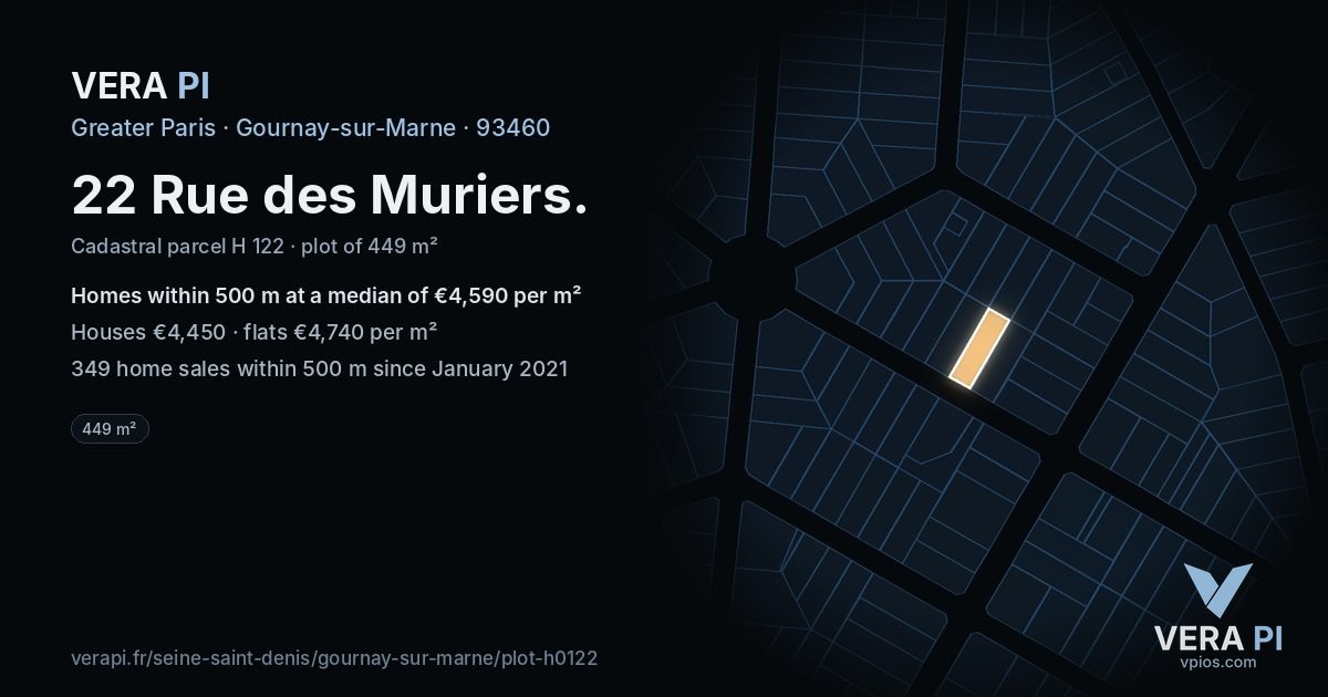 22 Rue des Muriers, Gournay-sur-Marne at night – the plot lit, the parcels around coloured by the prices near them