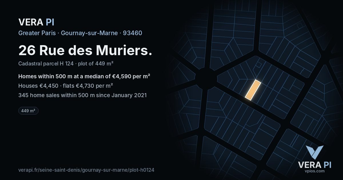 26 Rue des Muriers, Gournay-sur-Marne at night – the plot lit, the parcels around coloured by the prices near them