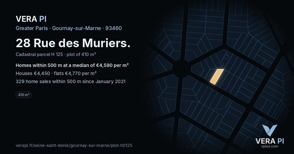 28 Rue des Muriers, Gournay-sur-Marne at night – the plot lit, the parcels around coloured by the prices near them