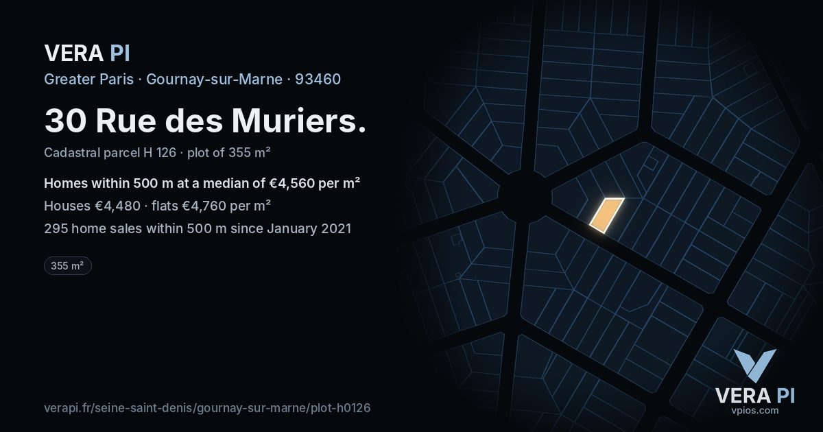 30 Rue des Muriers, Gournay-sur-Marne at night – the plot lit, the parcels around coloured by the prices near them