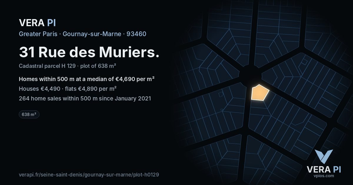 31 Rue des Muriers, Gournay-sur-Marne at night – the plot lit, the parcels around coloured by the prices near them