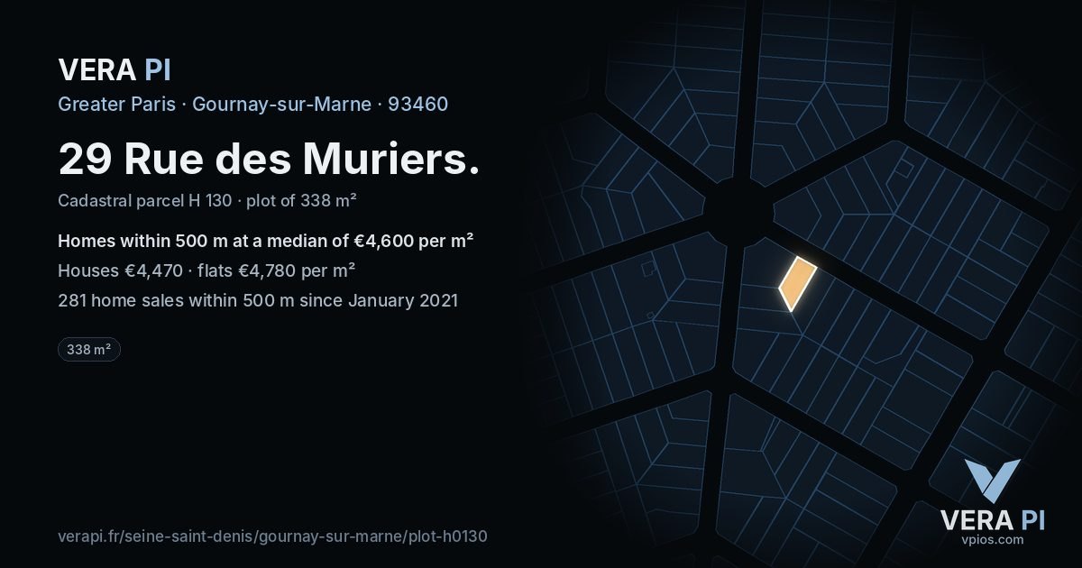 29 Rue des Muriers, Gournay-sur-Marne at night – the plot lit, the parcels around coloured by the prices near them