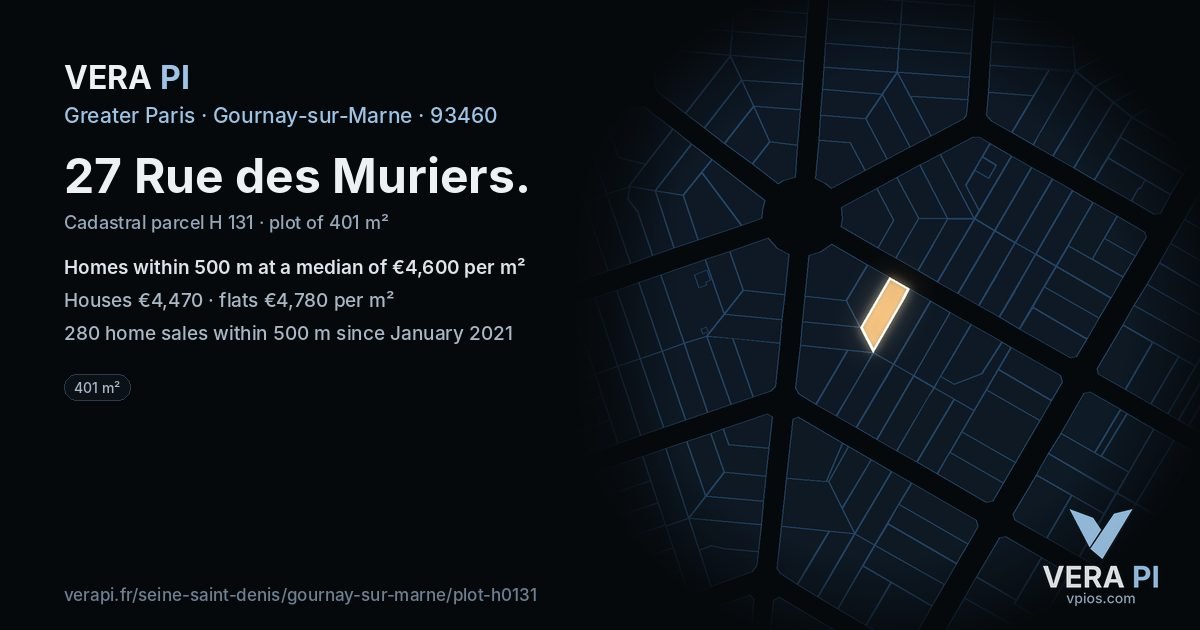 27 Rue des Muriers, Gournay-sur-Marne at night – the plot lit, the parcels around coloured by the prices near them