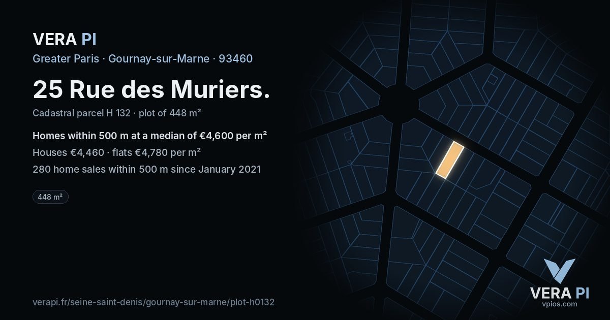 25 Rue des Muriers, Gournay-sur-Marne at night – the plot lit, the parcels around coloured by the prices near them