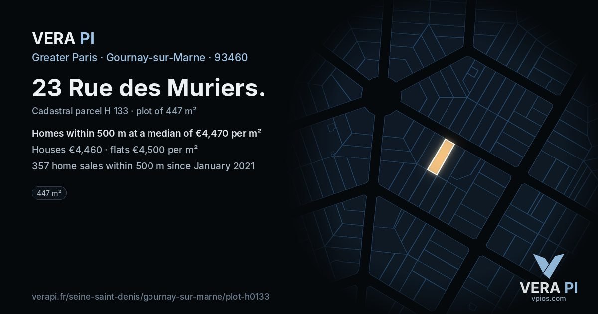 23 Rue des Muriers, Gournay-sur-Marne at night – the plot lit, the parcels around coloured by the prices near them