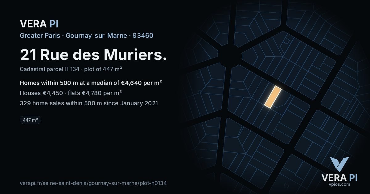 21 Rue des Muriers, Gournay-sur-Marne at night – the plot lit, the parcels around coloured by the prices near them