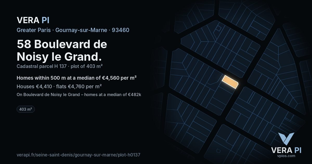 58 Boulevard de Noisy le Grand, Gournay-sur-Marne at night – the plot lit, the parcels around coloured by the prices near them