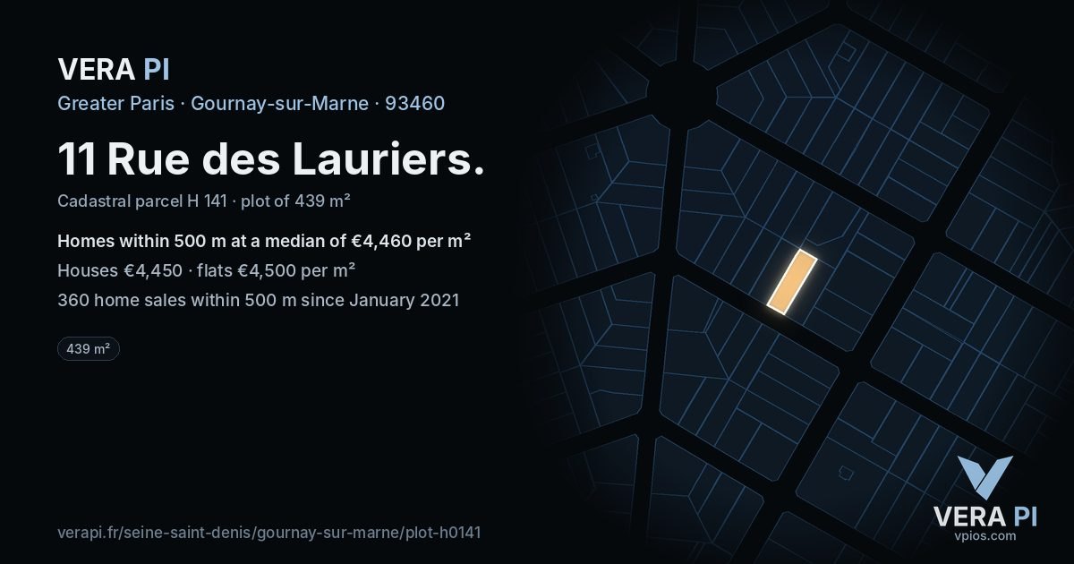 11 Rue des Lauriers, Gournay-sur-Marne at night – the plot lit, the parcels around coloured by the prices near them