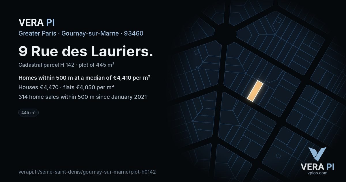 9 Rue des Lauriers, Gournay-sur-Marne at night – the plot lit, the parcels around coloured by the prices near them
