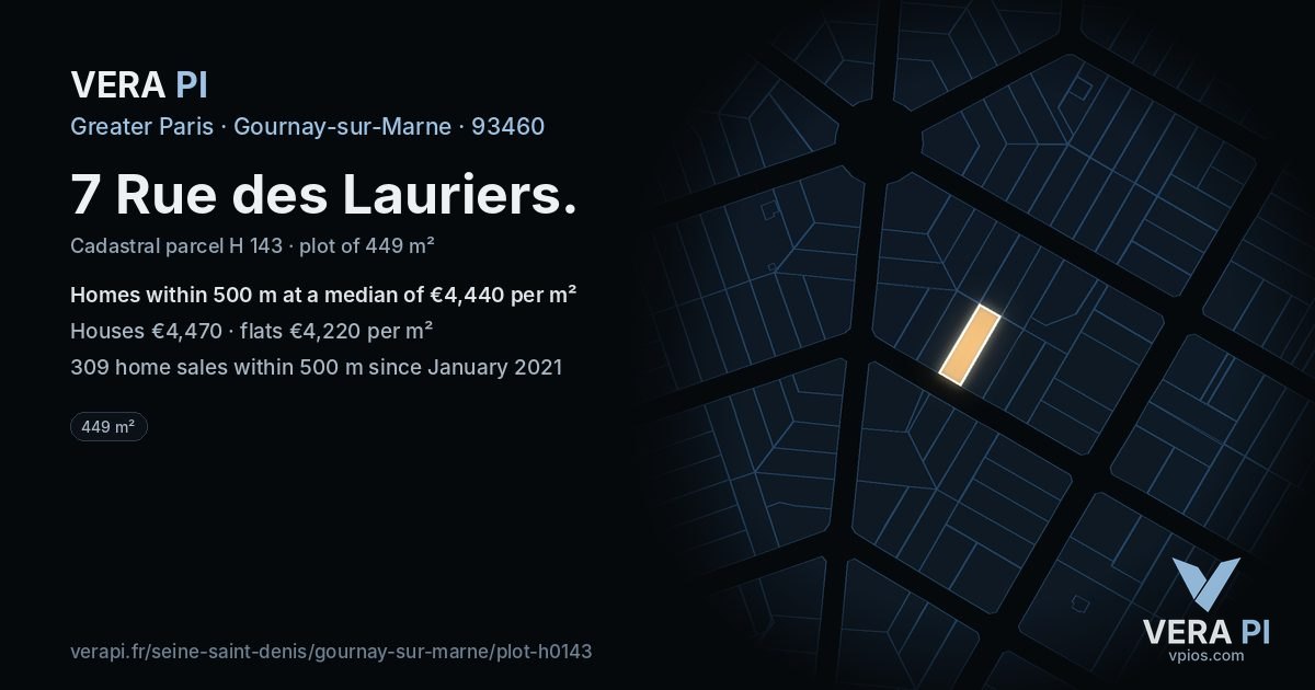 7 Rue des Lauriers, Gournay-sur-Marne at night – the plot lit, the parcels around coloured by the prices near them