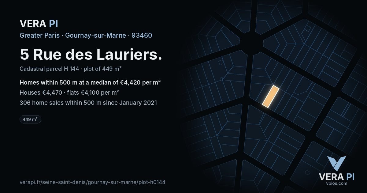 5 Rue des Lauriers, Gournay-sur-Marne at night – the plot lit, the parcels around coloured by the prices near them