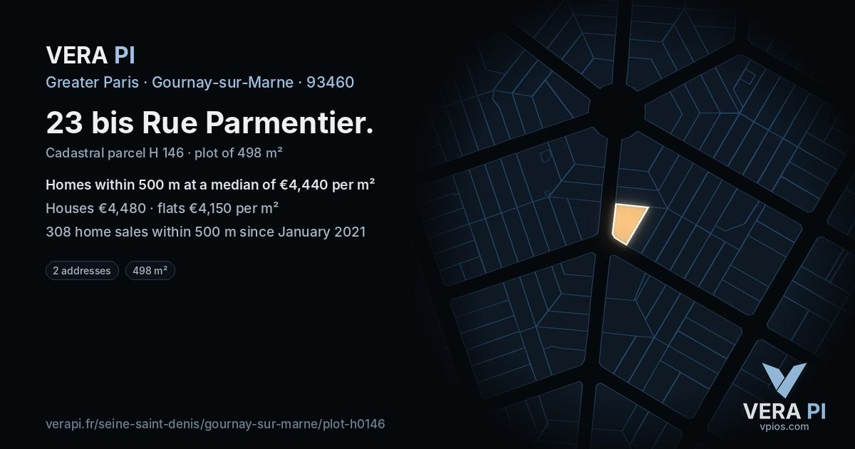 23 bis Rue Parmentier, Gournay-sur-Marne at night – the plot lit, the parcels around coloured by the prices near them