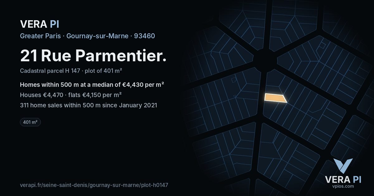 21 Rue Parmentier, Gournay-sur-Marne at night – the plot lit, the parcels around coloured by the prices near them