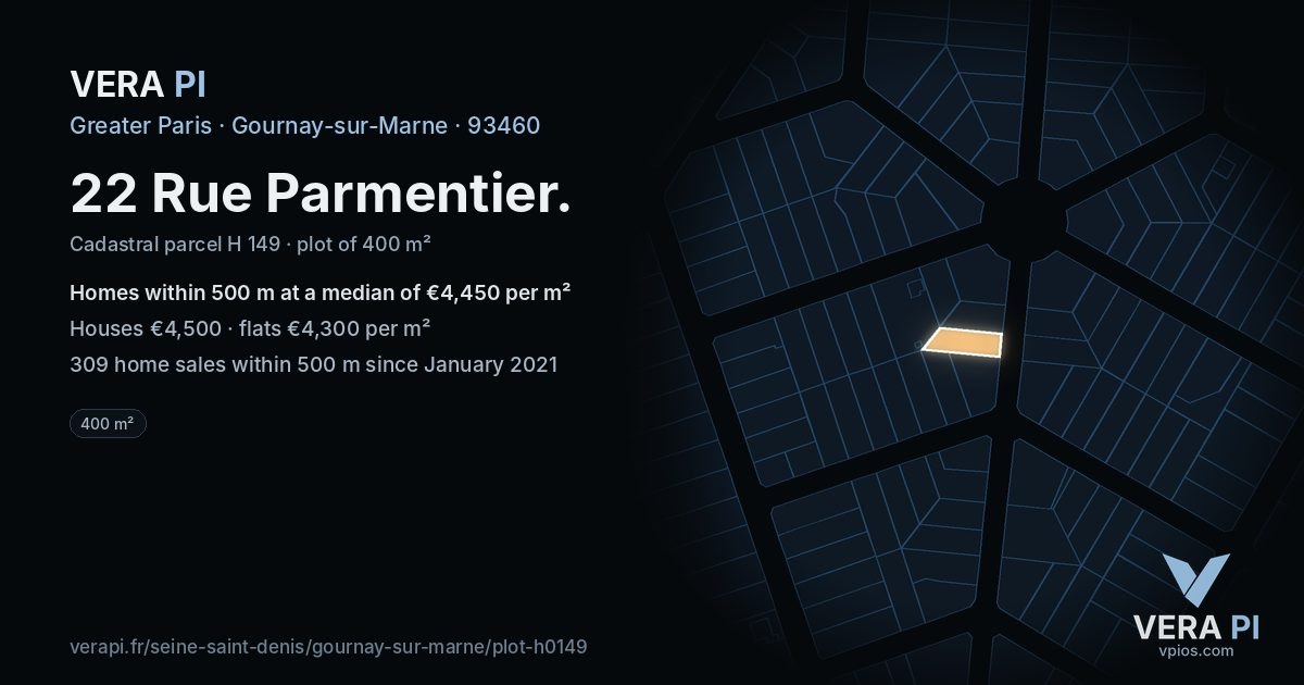 22 Rue Parmentier, Gournay-sur-Marne at night – the plot lit, the parcels around coloured by the prices near them