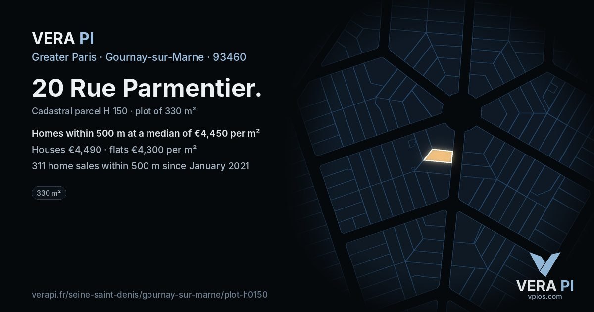 20 Rue Parmentier, Gournay-sur-Marne at night – the plot lit, the parcels around coloured by the prices near them