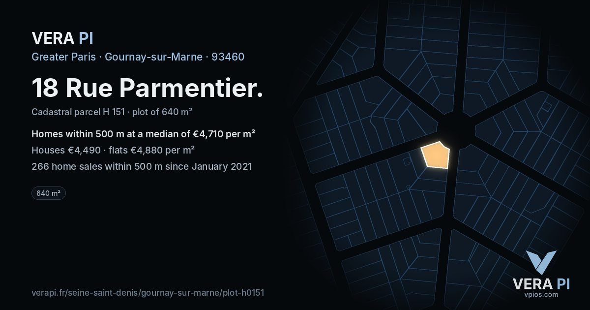 18 Rue Parmentier, Gournay-sur-Marne at night – the plot lit, the parcels around coloured by the prices near them