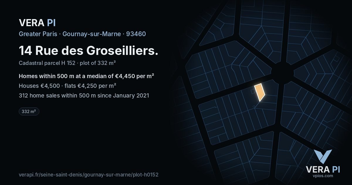 14 Rue des Groseilliers, Gournay-sur-Marne at night – the plot lit, the parcels around coloured by the prices near them