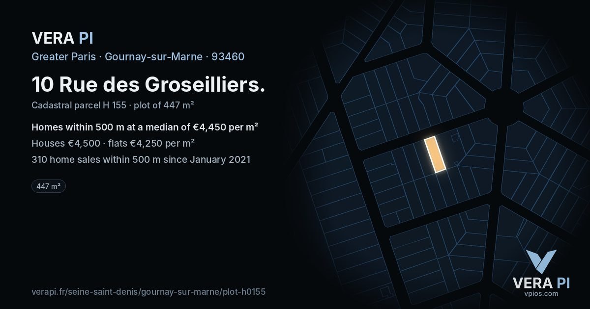 10 Rue des Groseilliers, Gournay-sur-Marne at night – the plot lit, the parcels around coloured by the prices near them