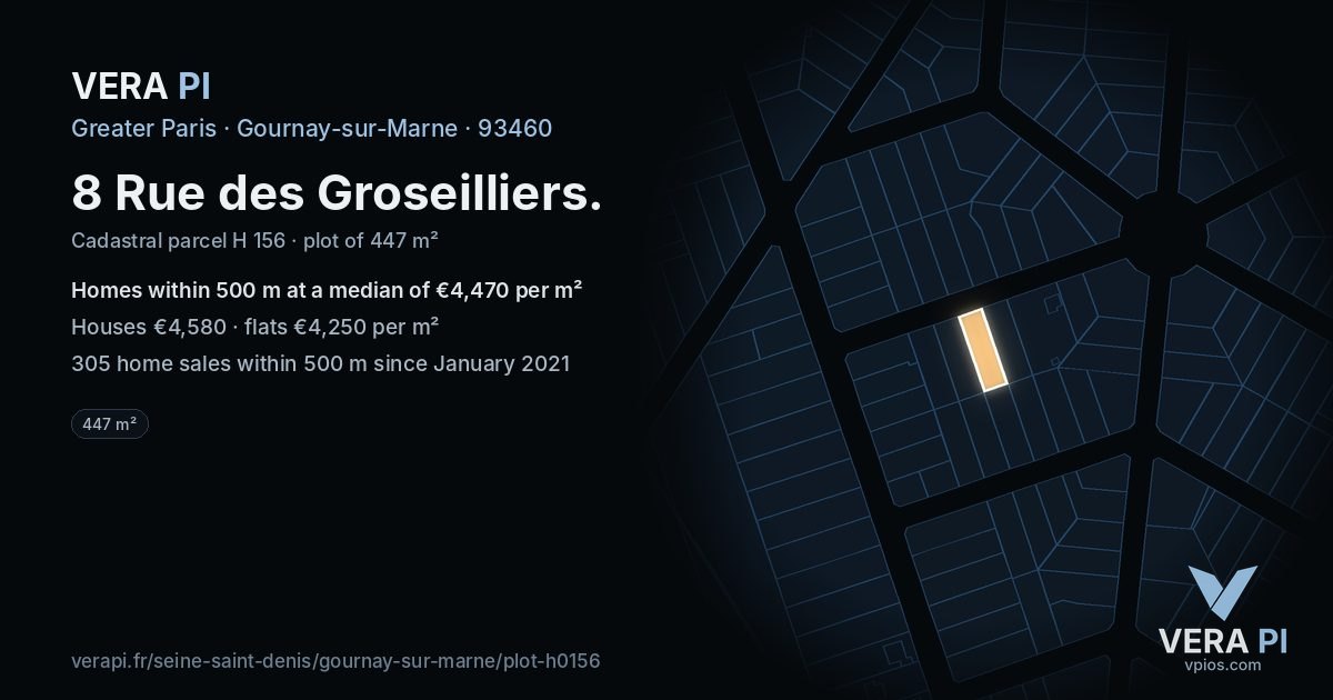 8 Rue des Groseilliers, Gournay-sur-Marne at night – the plot lit, the parcels around coloured by the prices near them