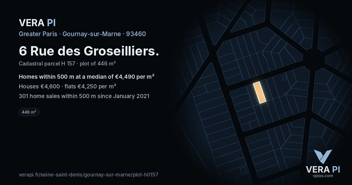 6 Rue des Groseilliers, Gournay-sur-Marne at night – the plot lit, the parcels around coloured by the prices near them