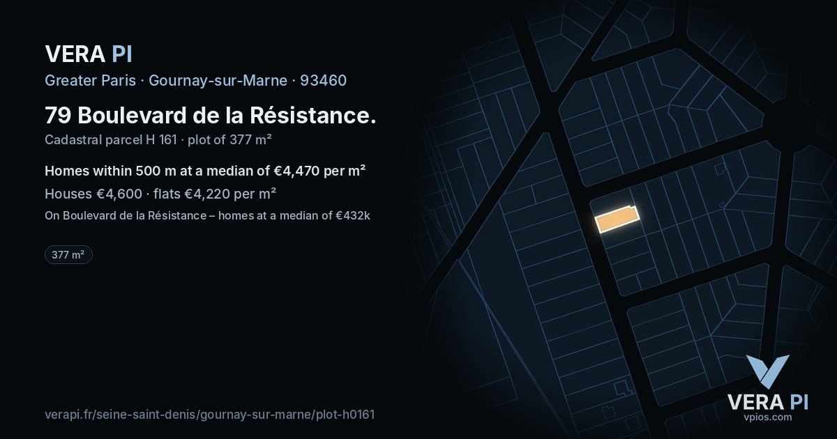 79 Boulevard de la Résistance, Gournay-sur-Marne at night – the plot lit, the parcels around coloured by the prices near them