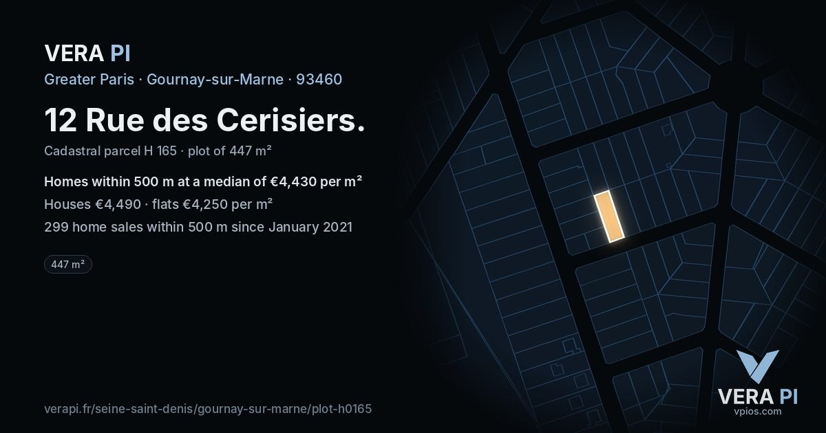 12 Rue des Cerisiers, Gournay-sur-Marne at night – the plot lit, the parcels around coloured by the prices near them