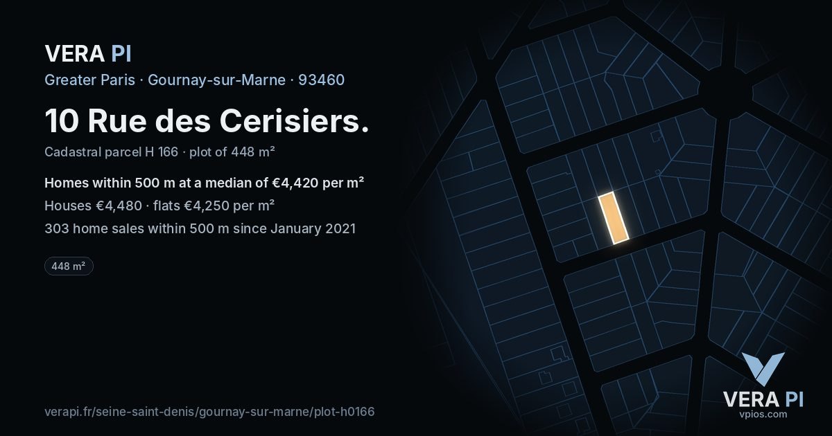 10 Rue des Cerisiers, Gournay-sur-Marne at night – the plot lit, the parcels around coloured by the prices near them