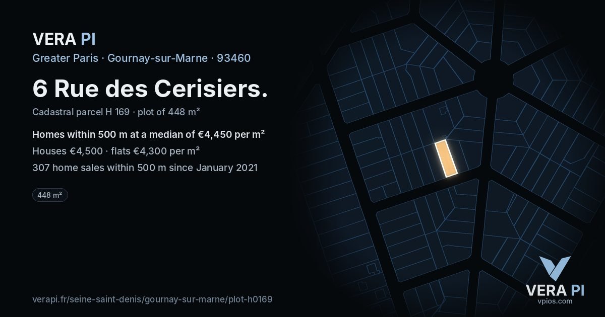 6 Rue des Cerisiers, Gournay-sur-Marne at night – the plot lit, the parcels around coloured by the prices near them