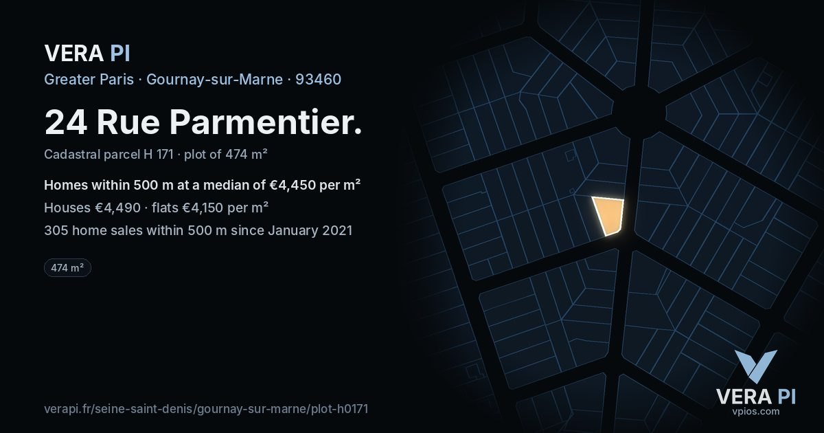 24 Rue Parmentier, Gournay-sur-Marne at night – the plot lit, the parcels around coloured by the prices near them