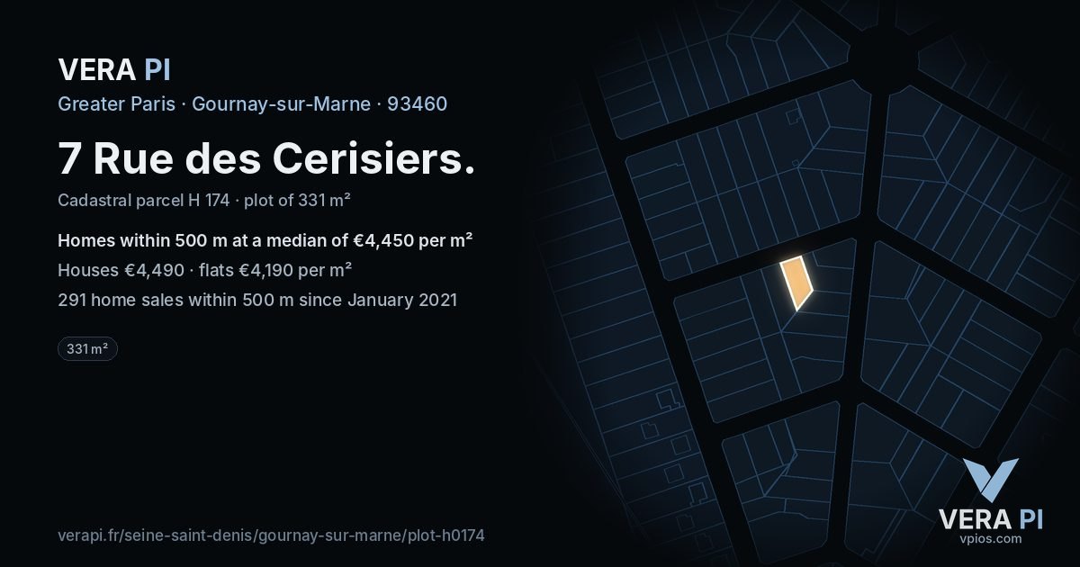 7 Rue des Cerisiers, Gournay-sur-Marne at night – the plot lit, the parcels around coloured by the prices near them