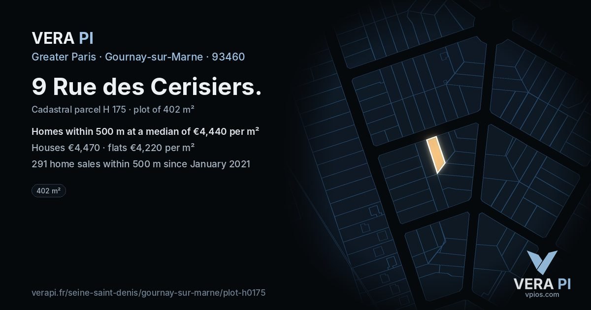 9 Rue des Cerisiers, Gournay-sur-Marne at night – the plot lit, the parcels around coloured by the prices near them