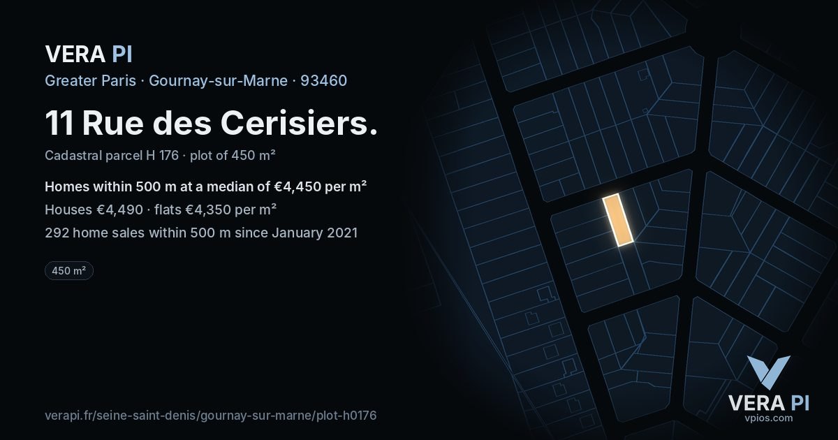 11 Rue des Cerisiers, Gournay-sur-Marne at night – the plot lit, the parcels around coloured by the prices near them