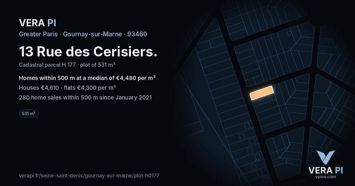 13 Rue des Cerisiers, Gournay-sur-Marne at night – the plot lit, the parcels around coloured by the prices near them