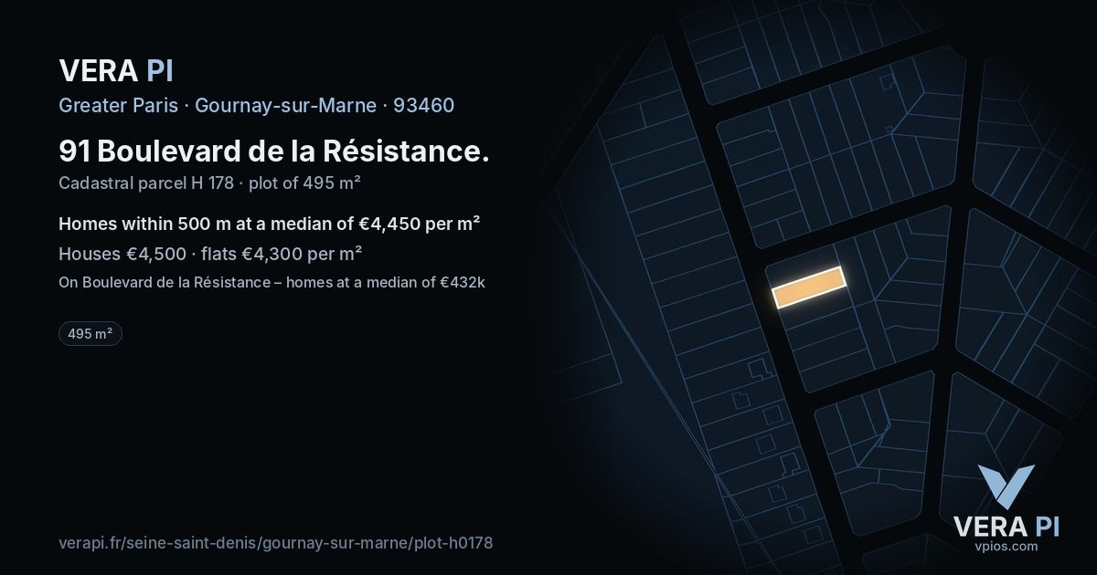 91 Boulevard de la Résistance, Gournay-sur-Marne at night – the plot lit, the parcels around coloured by the prices near them
