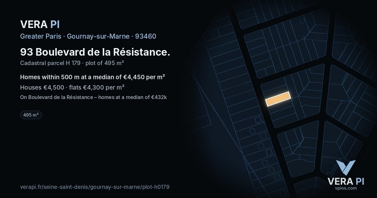93 Boulevard de la Résistance, Gournay-sur-Marne at night – the plot lit, the parcels around coloured by the prices near them