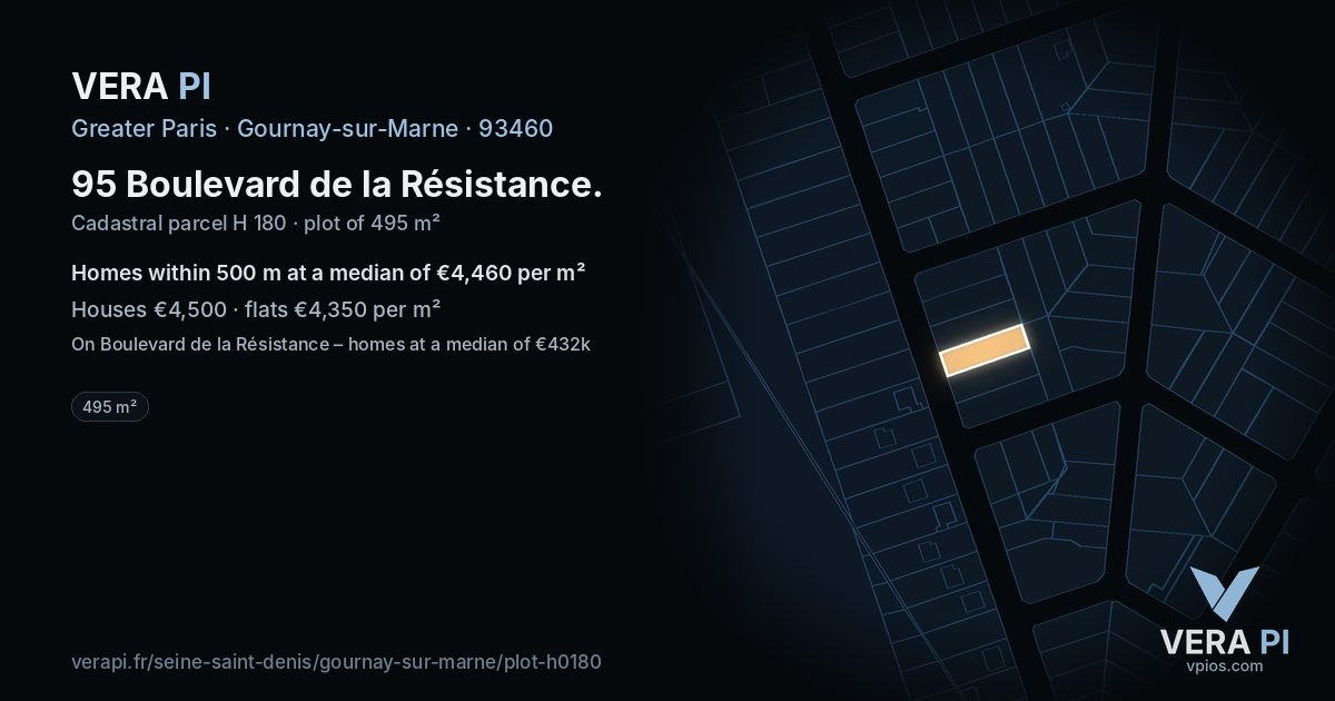 95 Boulevard de la Résistance, Gournay-sur-Marne at night – the plot lit, the parcels around coloured by the prices near them