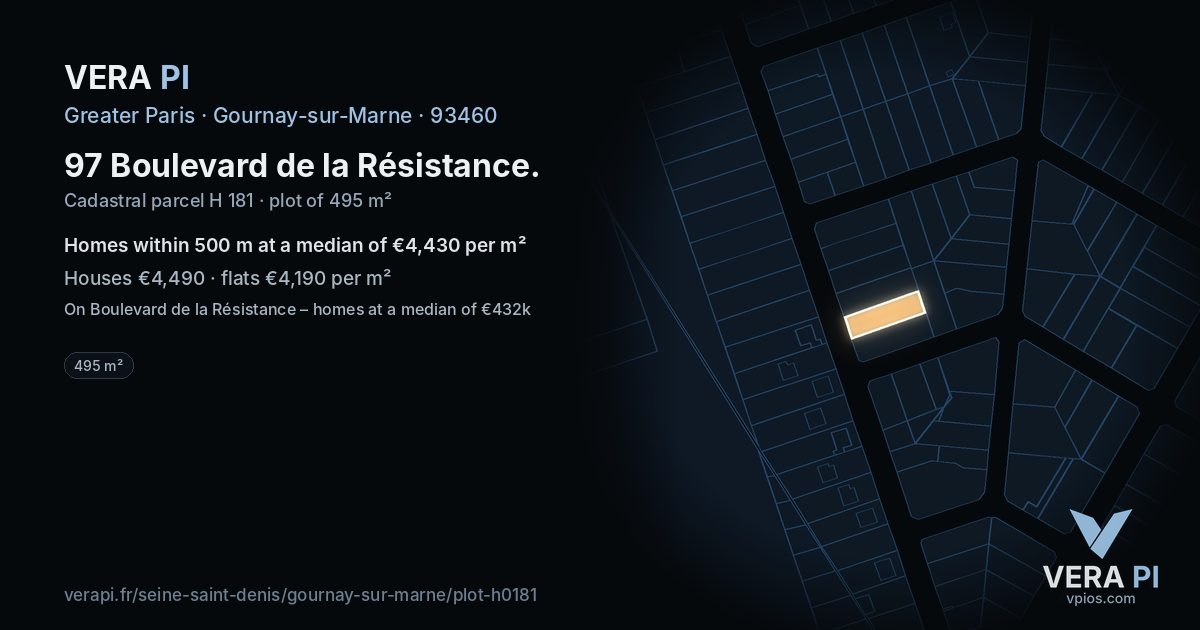 97 Boulevard de la Résistance, Gournay-sur-Marne at night – the plot lit, the parcels around coloured by the prices near them