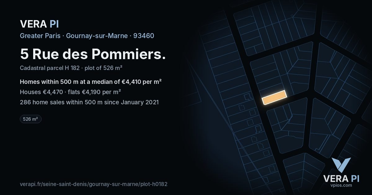 5 Rue des Pommiers, Gournay-sur-Marne at night – the plot lit, the parcels around coloured by the prices near them